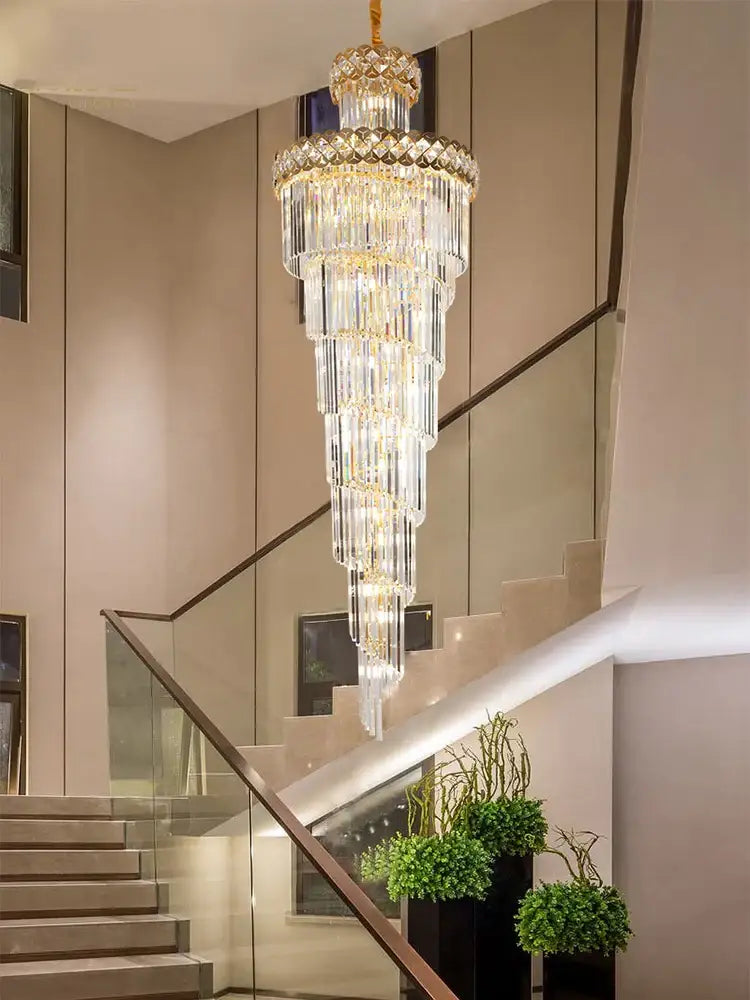 Modern gold stainless steel crystal chandelier staircase light