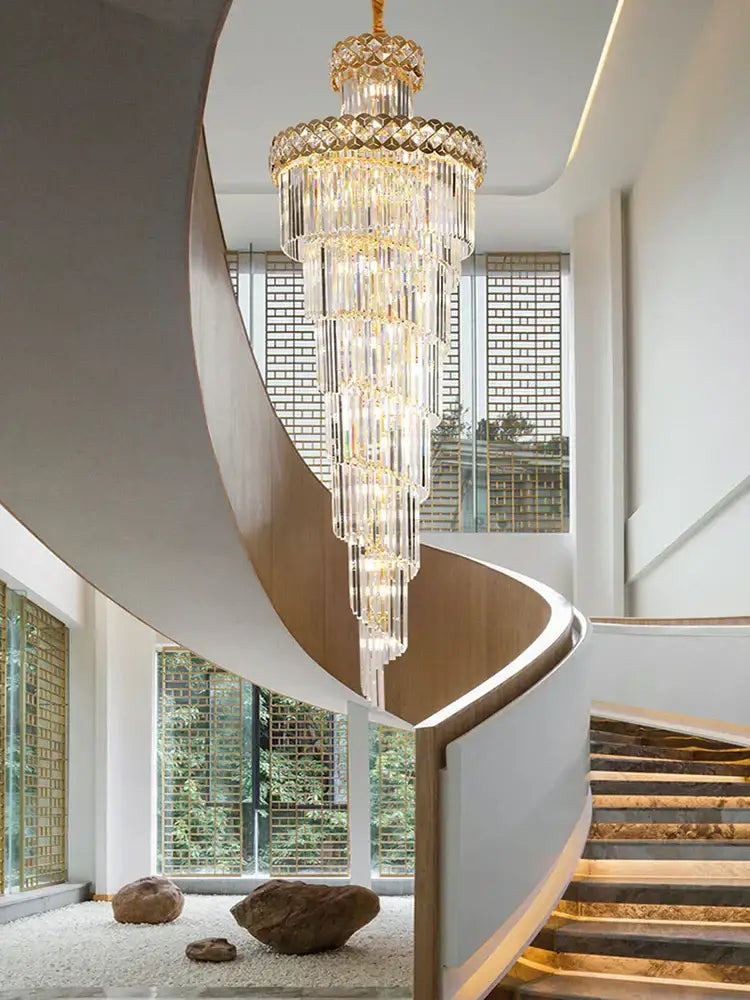 Modern gold stainless steel crystal chandelier staircase light