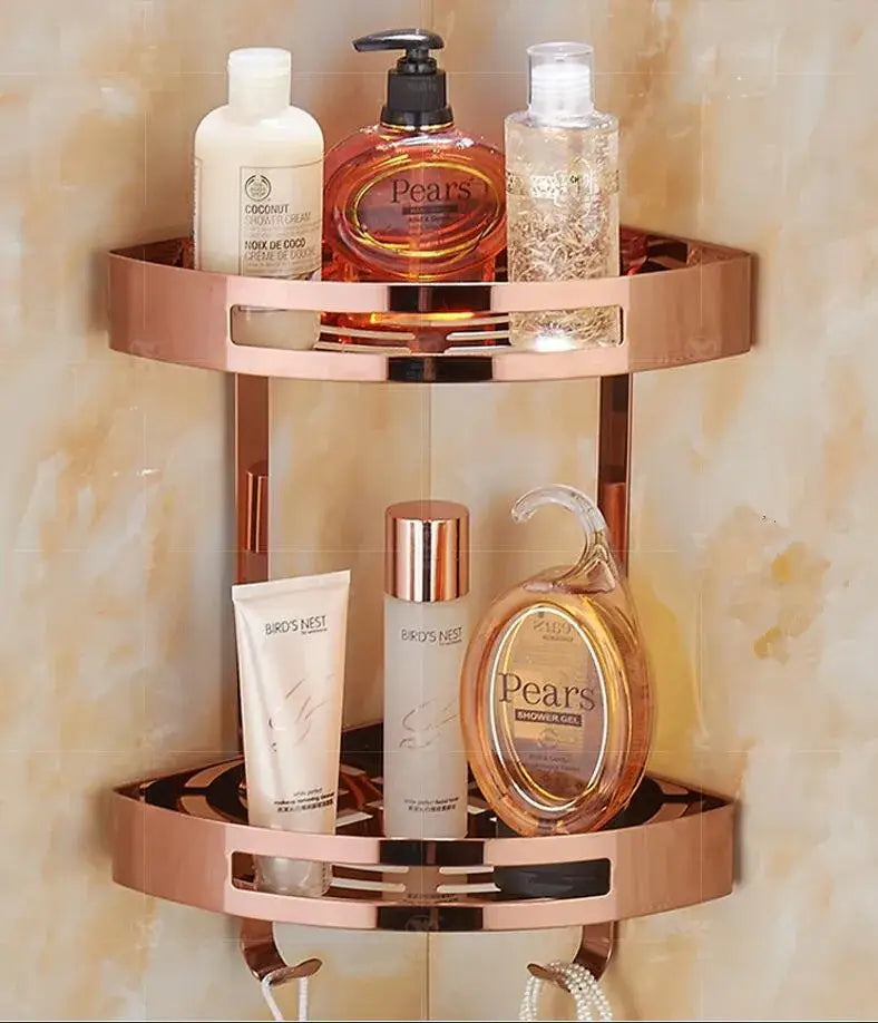 Modern gold stainless steel two tier corner shelf bathroom shower caddy