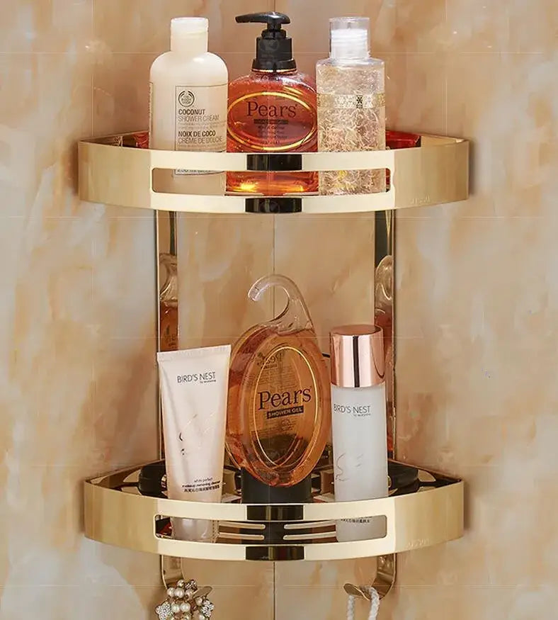 Modern gold stainless steel two tier corner shelf bathroom shower caddy
