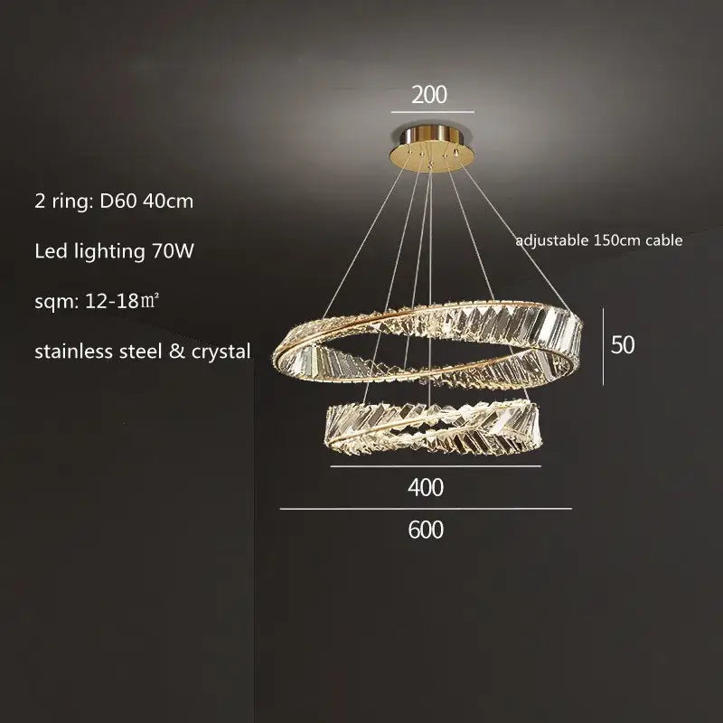 Modern gold steel rings crystal pendant light dining room