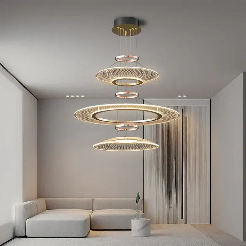 Modern gold tiered mesh pendant chandeliers led living room light