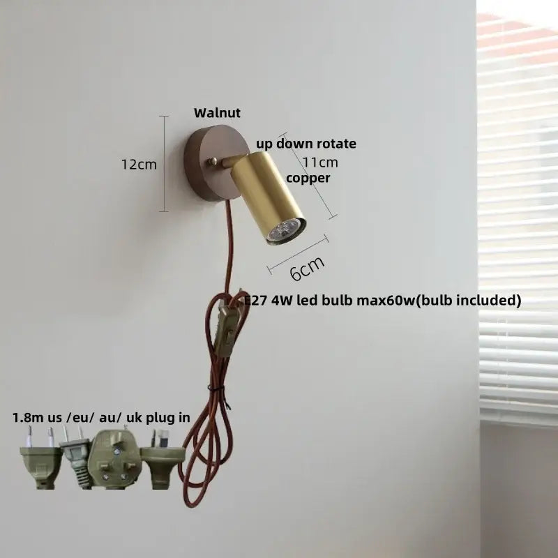 Modern gold walnut wall sconce with pull chain switch bedroom light