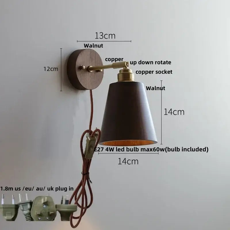 Modern gold walnut wall sconce with pull chain switch bedroom light