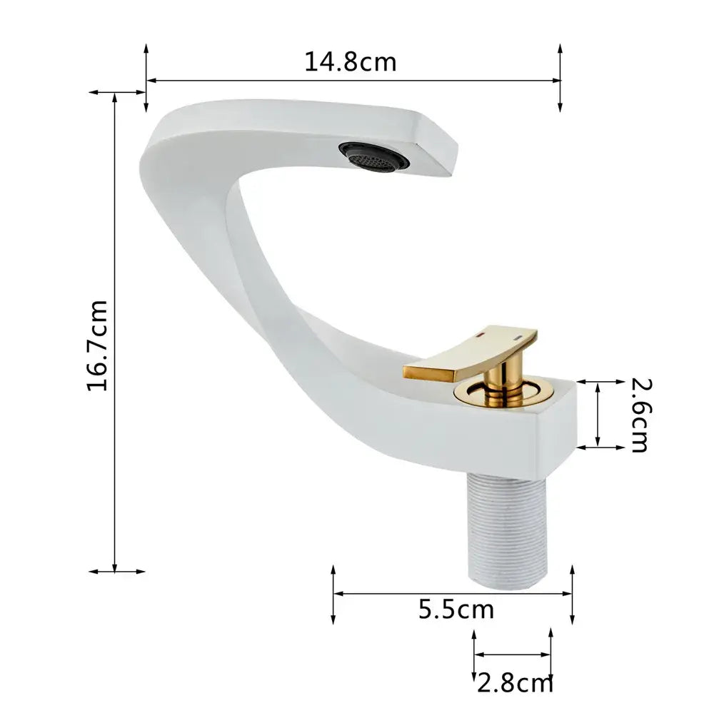 Modern gold & white bathroom basin faucet with curved spout