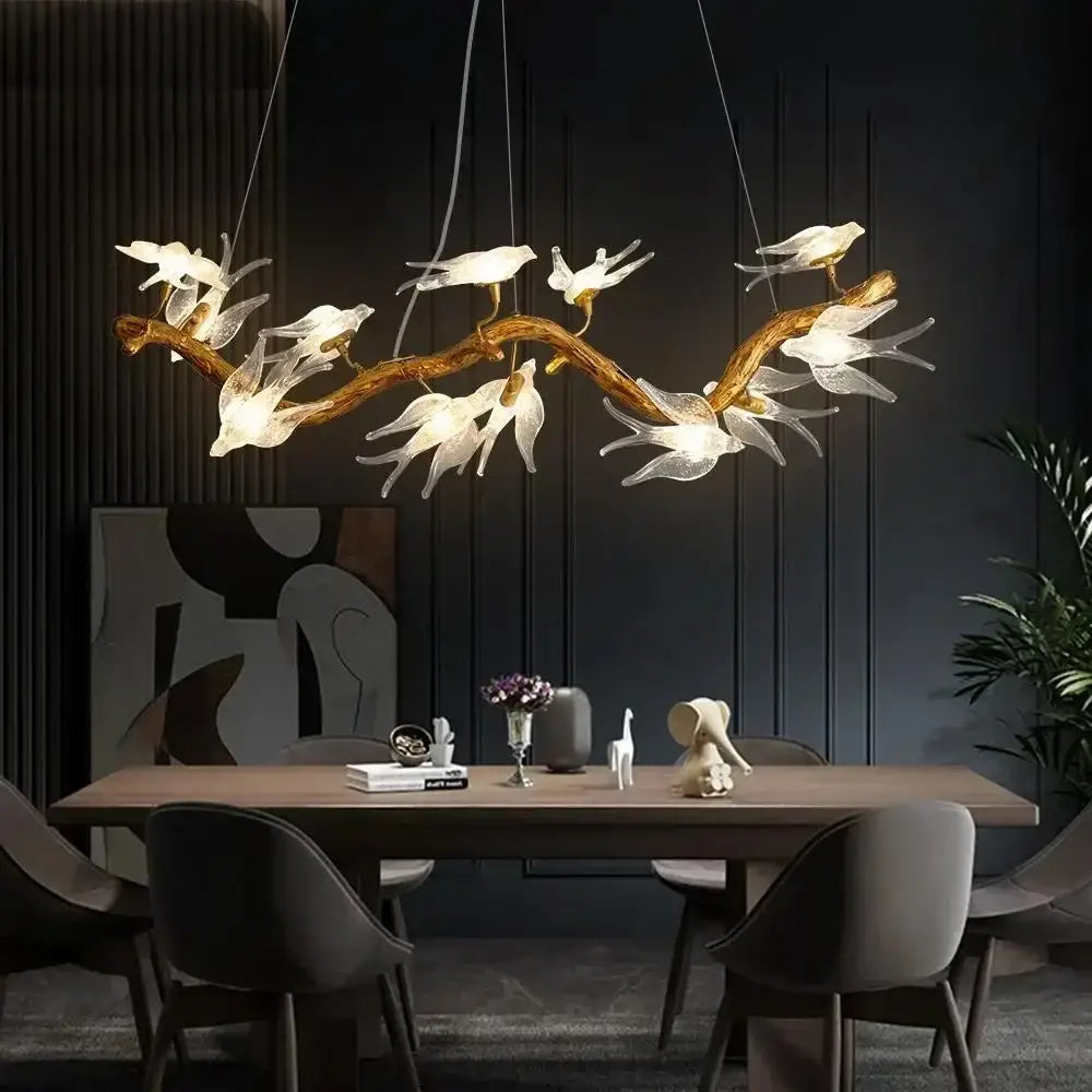 Modern golden bird crystal glass branch chandelier living room