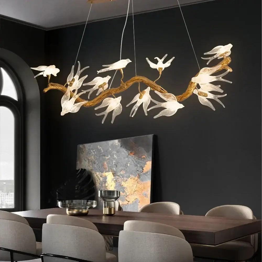 Modern golden bird crystal glass branch chandelier living room