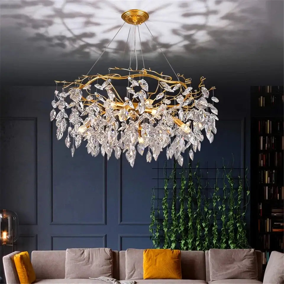 Modern golden branch crystal led ceiling chandelier living room