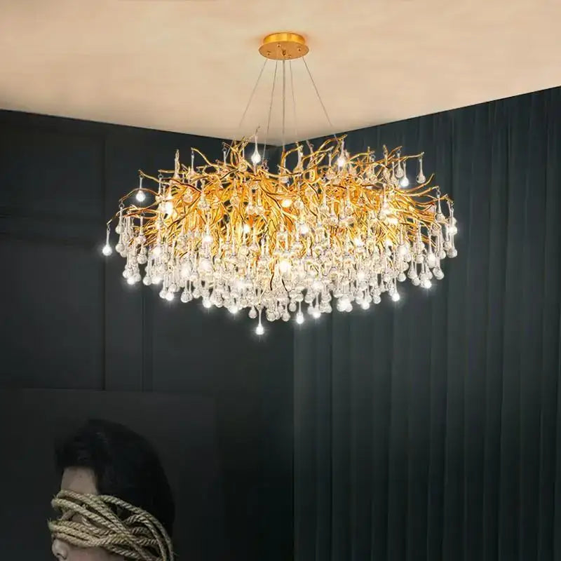 Modern golden branch crystal led ceiling chandelier living room