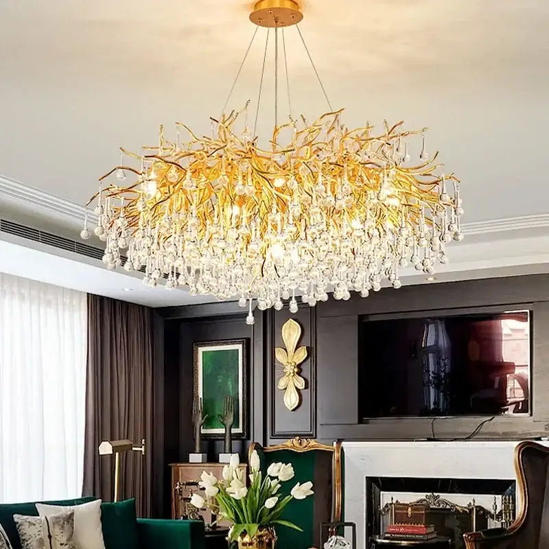 Modern golden branch crystal led living room water drop chandelier