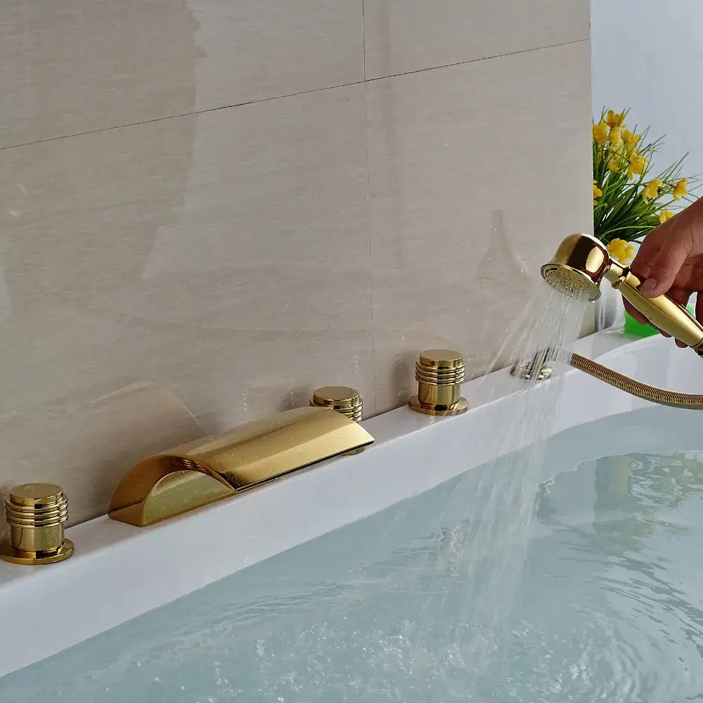 Modern golden brass bathtub faucet with handheld shower bathroom fixture