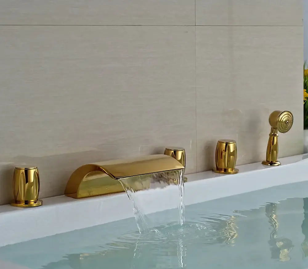 Modern golden brass bathtub faucet with handheld shower bathroom fixture