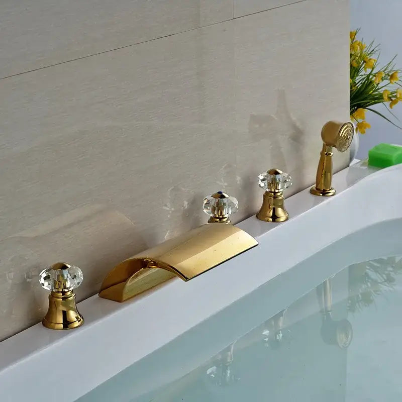 Modern golden brass bathtub faucet with handheld shower bathroom fixture