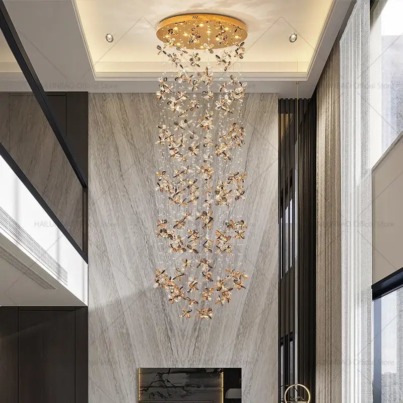Modern golden butterfly crystal staircase chandelier stairwell light