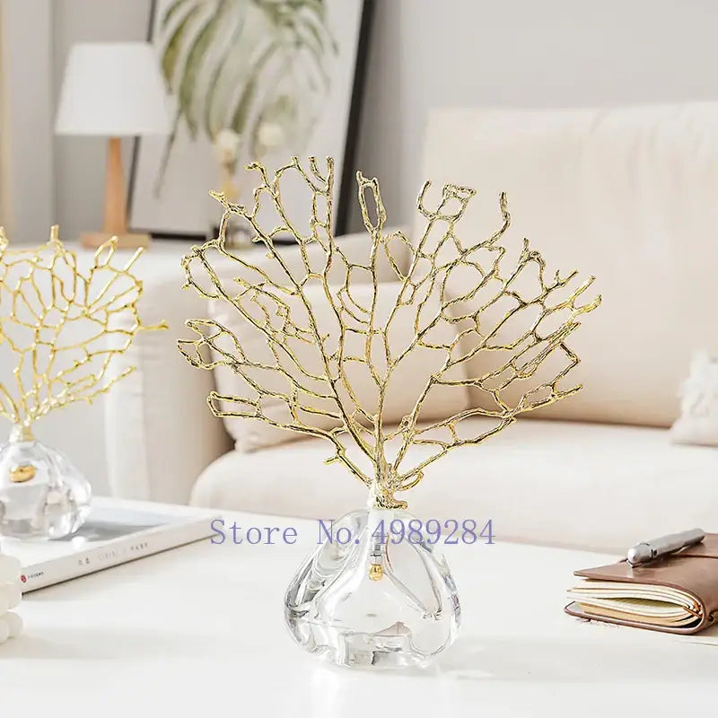 Modern golden coral crystal sculpture living room home decor