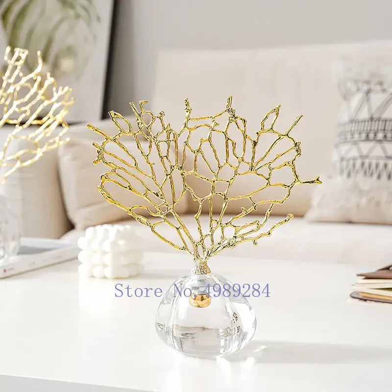 Modern golden coral crystal sculpture living room home decor