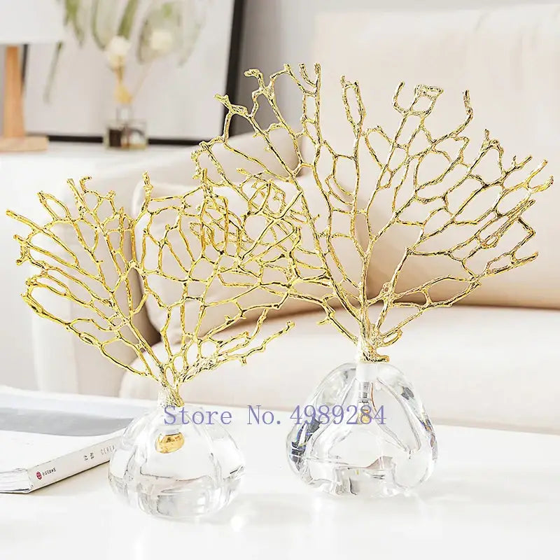 Modern golden coral crystal sculpture living room home decor
