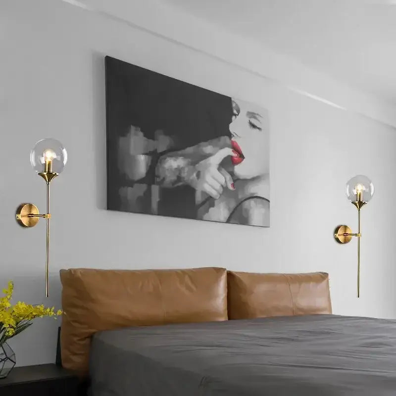 Modern golden glass ball wall lamp bedroom smoked globe sconce