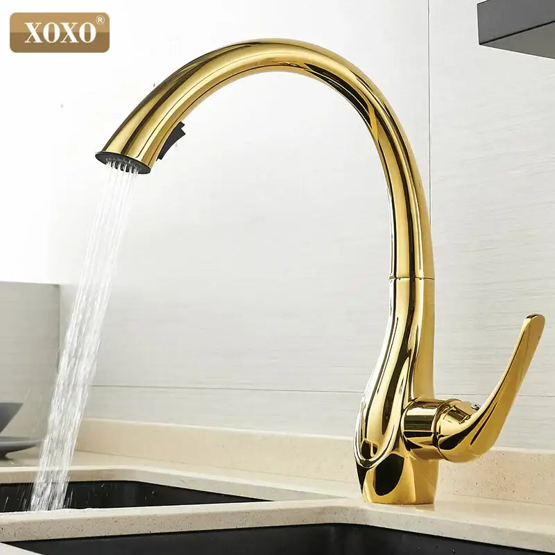 Modern golden kitchen faucet with pull out single handle spray head