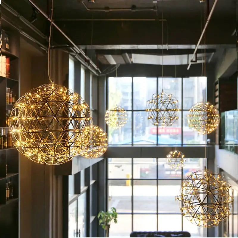 Modern golden led pendant light for kitchen wireframe chandelier