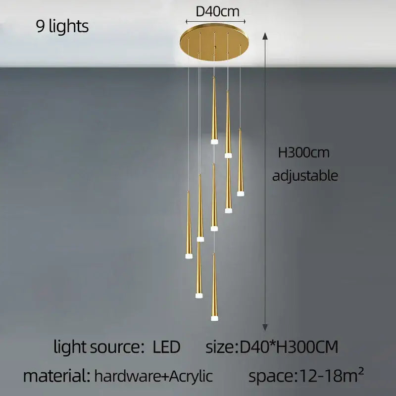 Modern golden led tapered chandelier for living room lighting