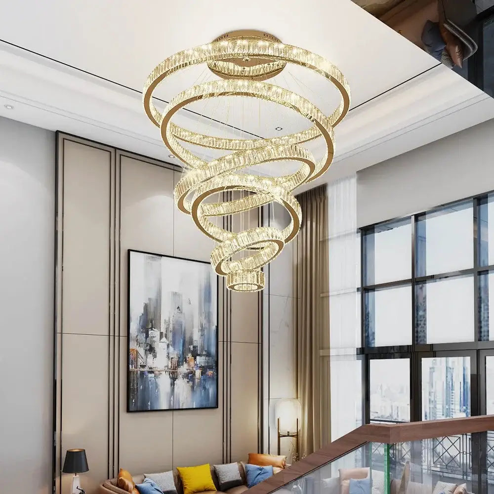 Modern golden spiral crystal round chandelier staircase pendant light