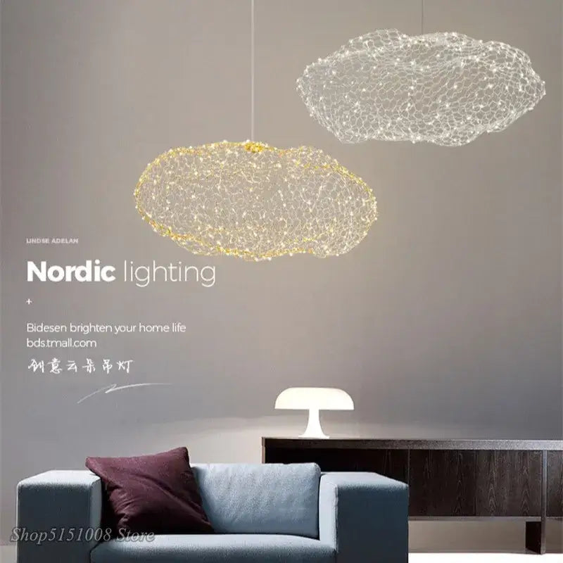 Modern golden wire mesh decorbites cloud pendant light for bedroom