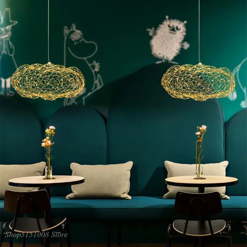 Modern golden wire mesh decorbites cloud pendant light for bedroom