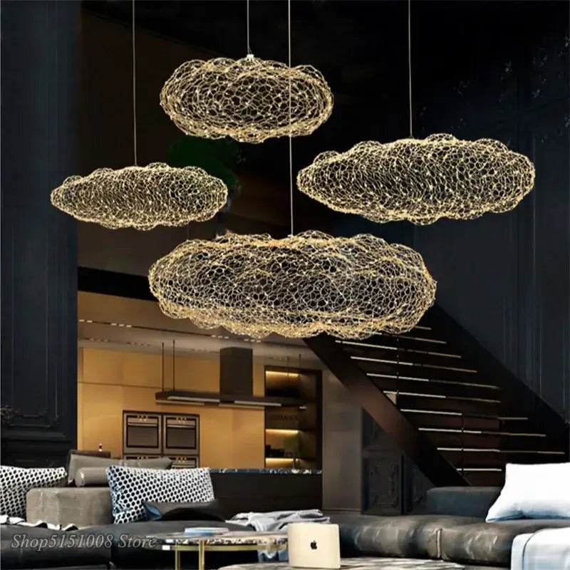 Modern golden wire mesh decorbites cloud pendant light for bedroom