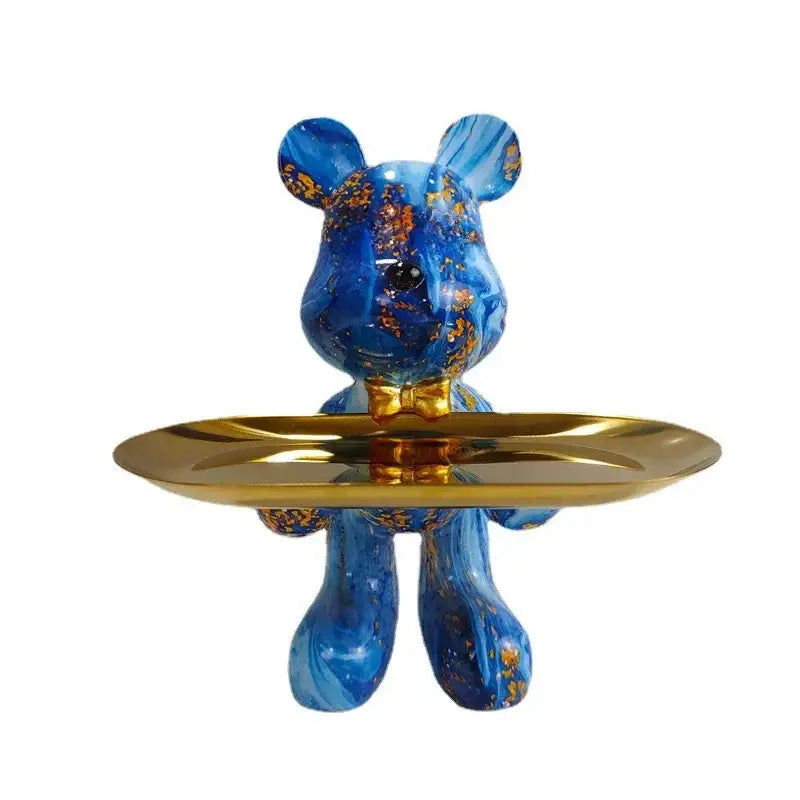 Modern graffiti bear statue ornament with gold tray living room decor