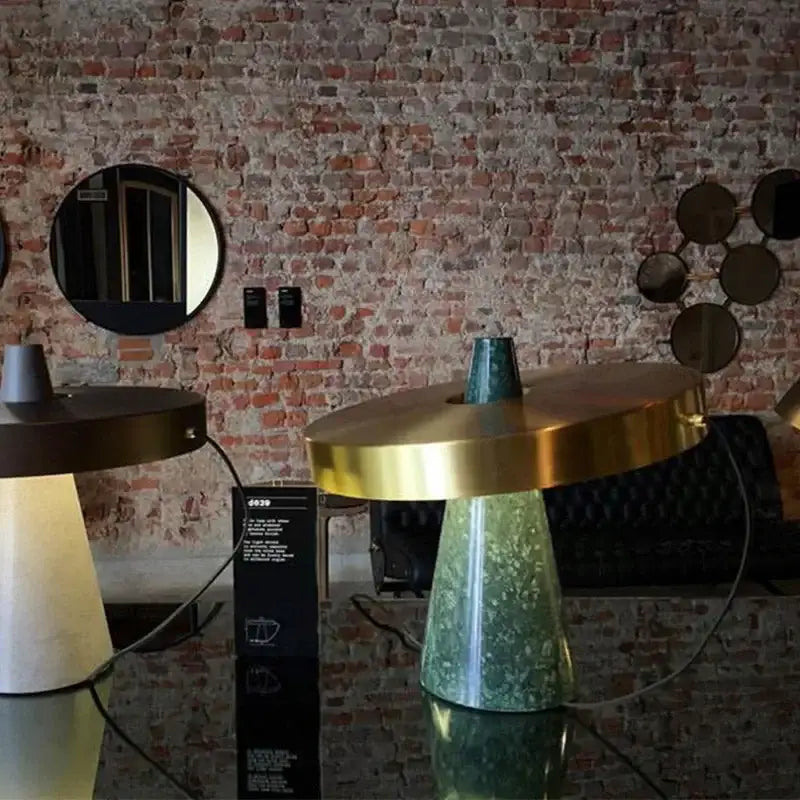 Modern green marble table lamp for living room with gold shade