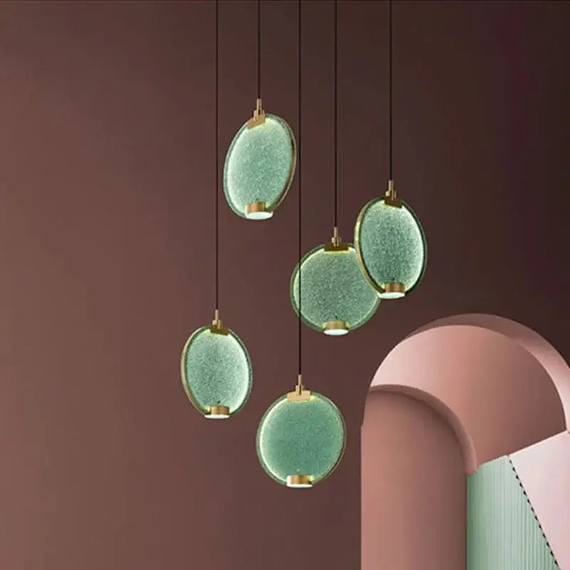 Modern green textured glass brass pendant light dining room set