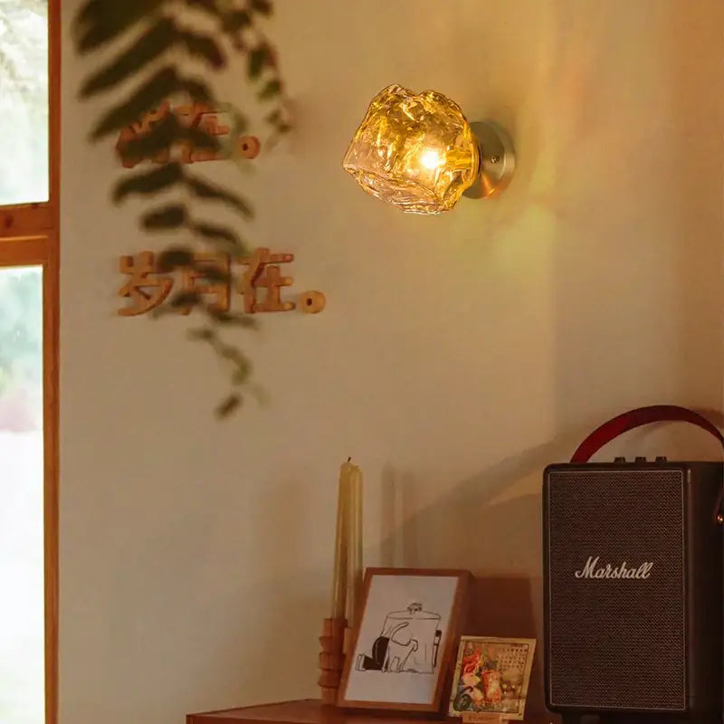 Modern grey glass led wall lamp bedroom gold crystal sconce