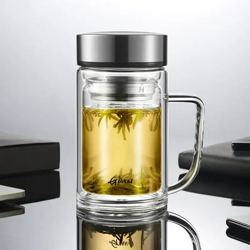 Modern insulated glass tea cup with lid and filter – kitchen drinkware