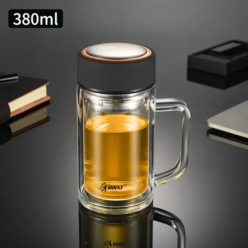Modern insulated glass tea cup with lid and filter – kitchen drinkware