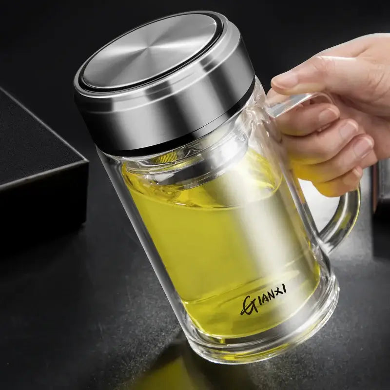 Modern insulated glass tea cup with lid and filter – kitchen drinkware