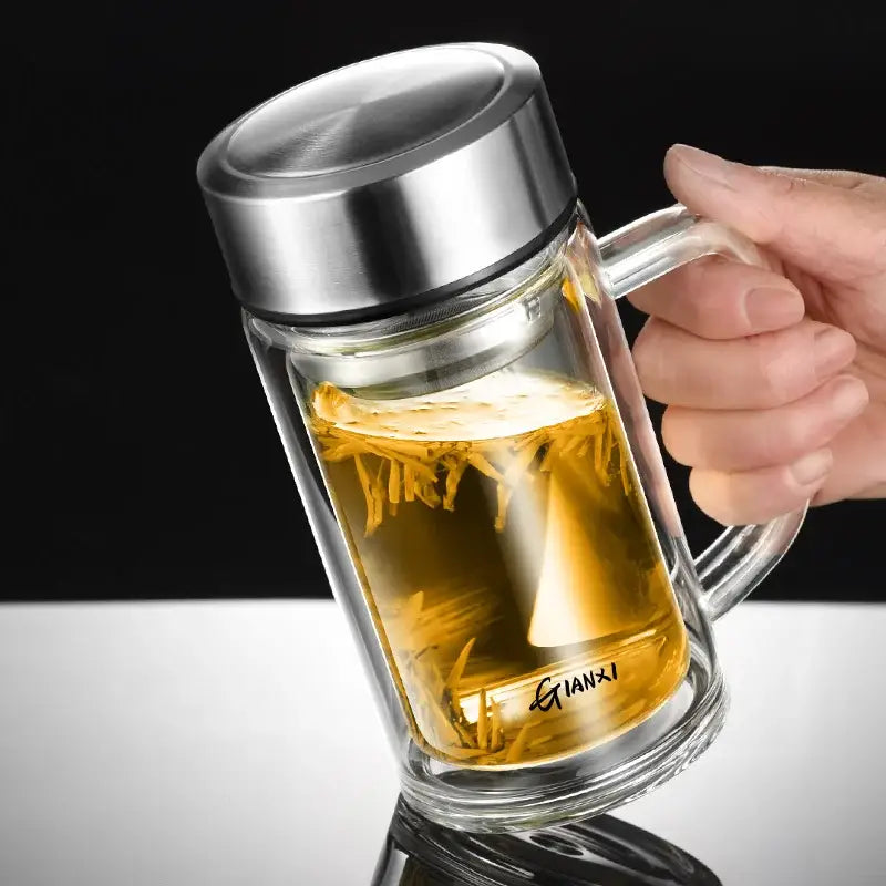 Modern insulated glass tea cup with lid and filter – kitchen drinkware