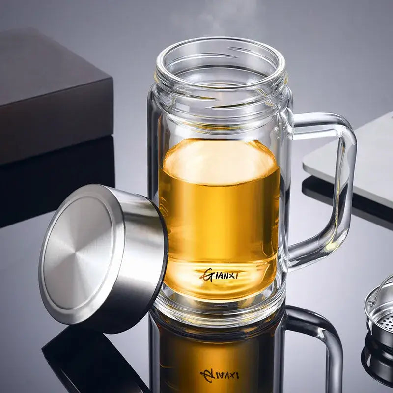 Modern insulated glass tea cup with lid and filter – kitchen drinkware