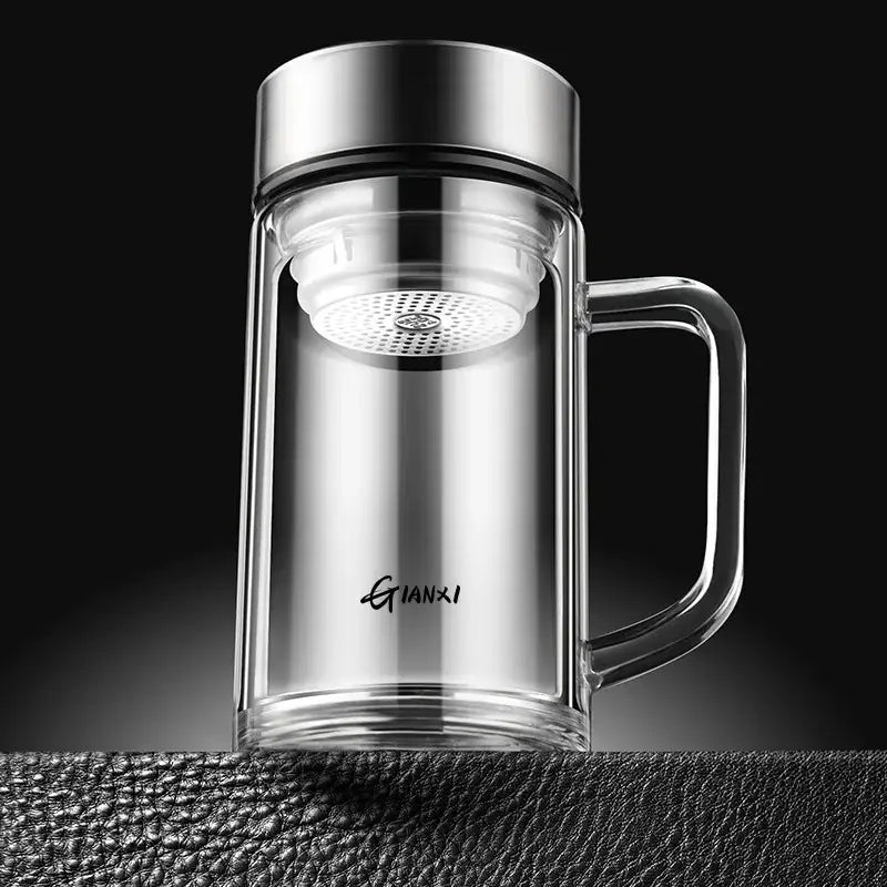 Modern insulated glass tea cup with lid and filter – kitchen drinkware