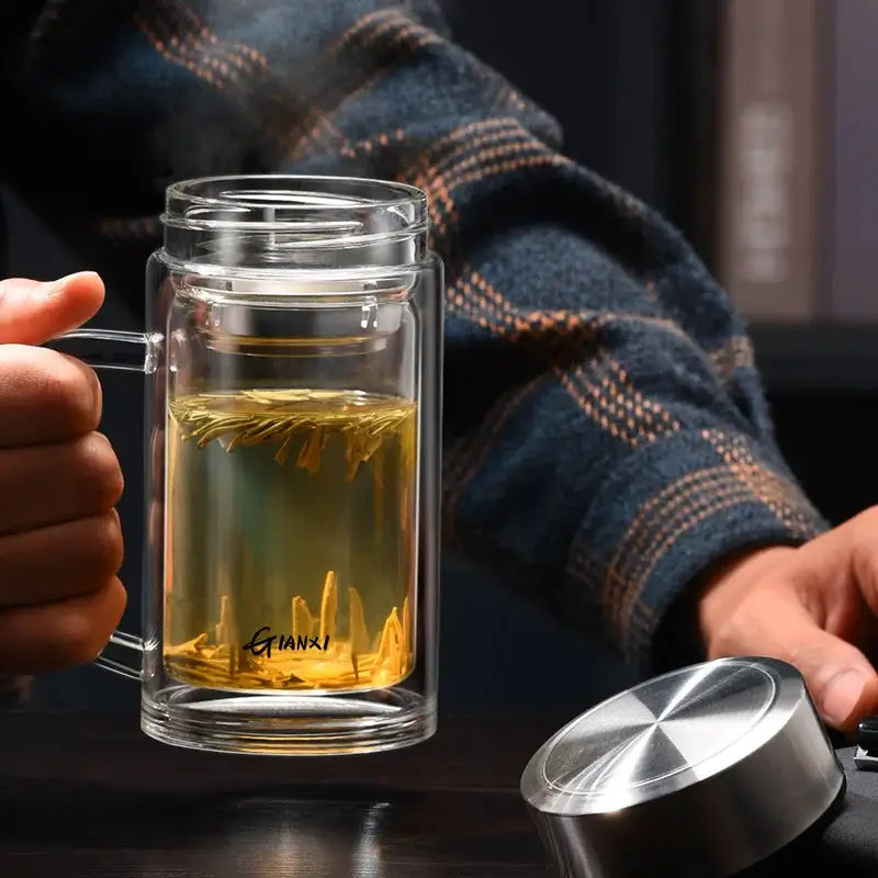 Modern insulated glass tea cup with lid and filter – kitchen drinkware