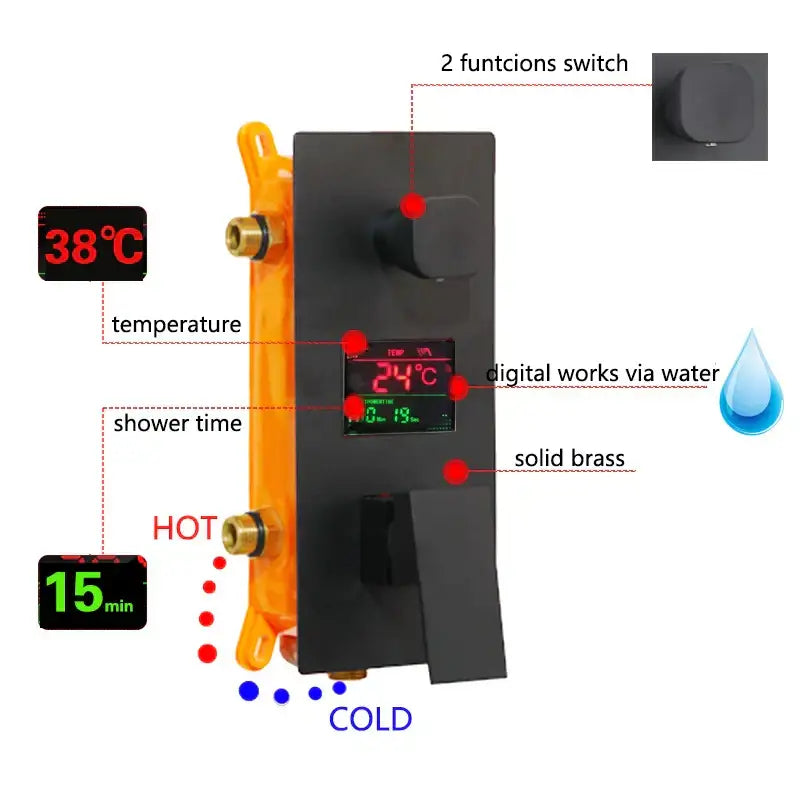 Modern matte black digital shower faucet bathroom rainfall system