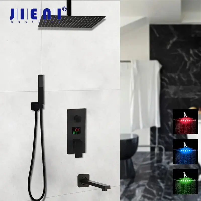 Modern matte black digital shower faucet bathroom rainfall system