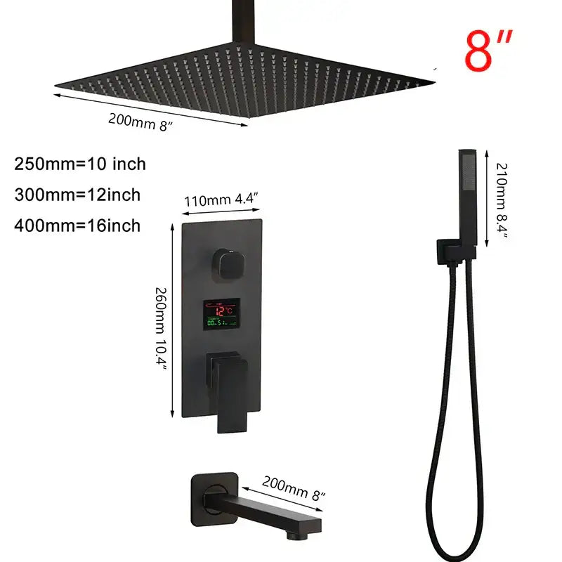 Modern matte black digital shower faucet bathroom rainfall system