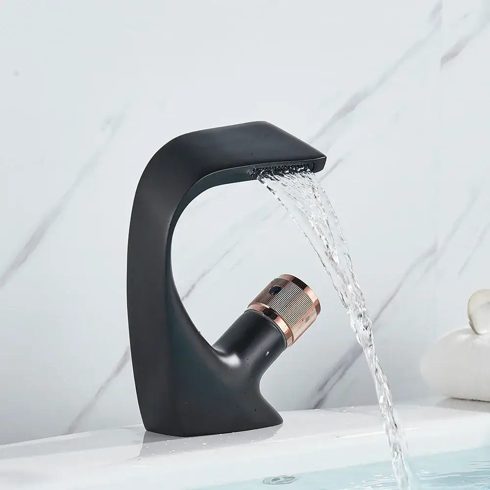 Modern matte black & rose gold brass basin faucet bathroom waterfall tap