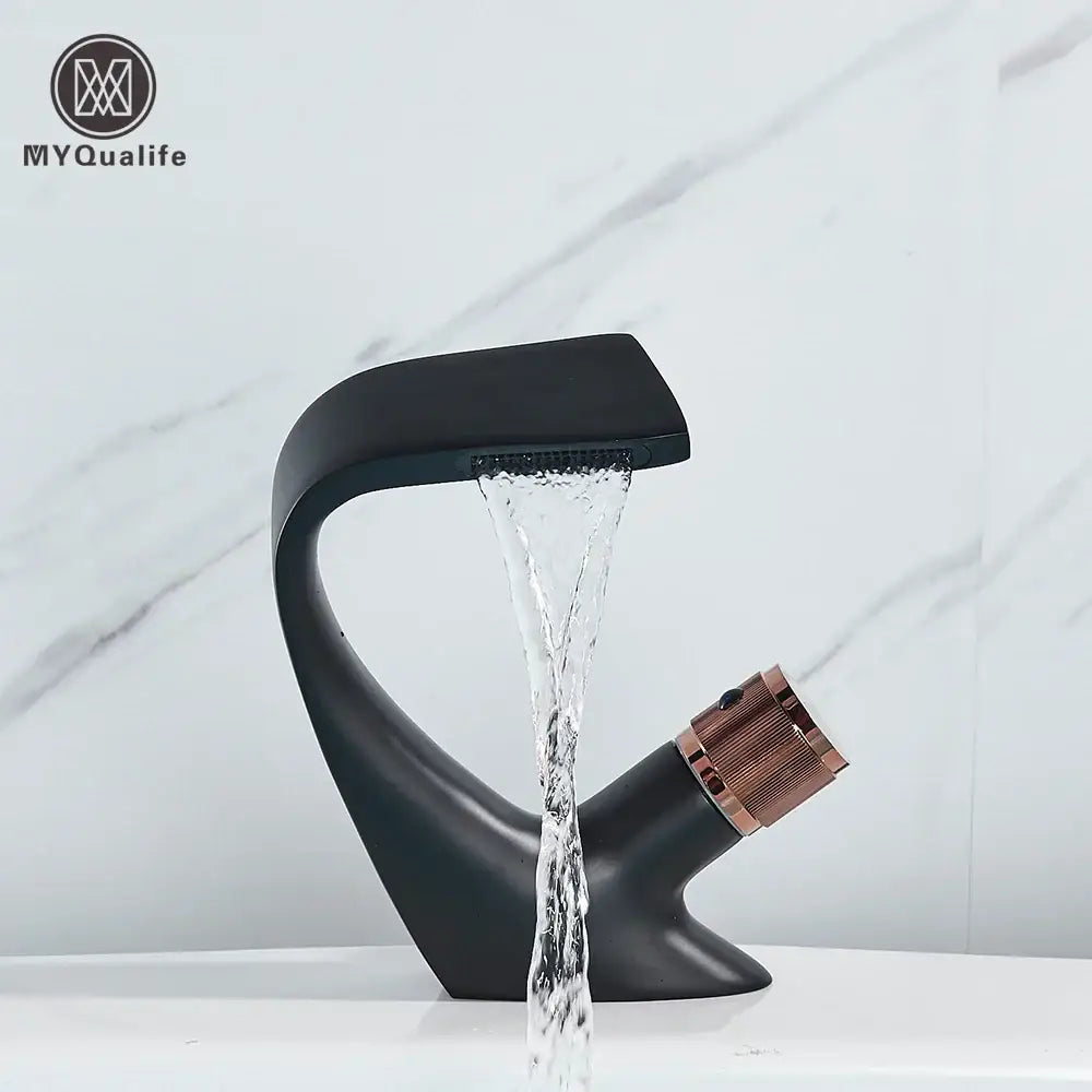 Modern matte black & rose gold brass basin faucet bathroom waterfall tap
