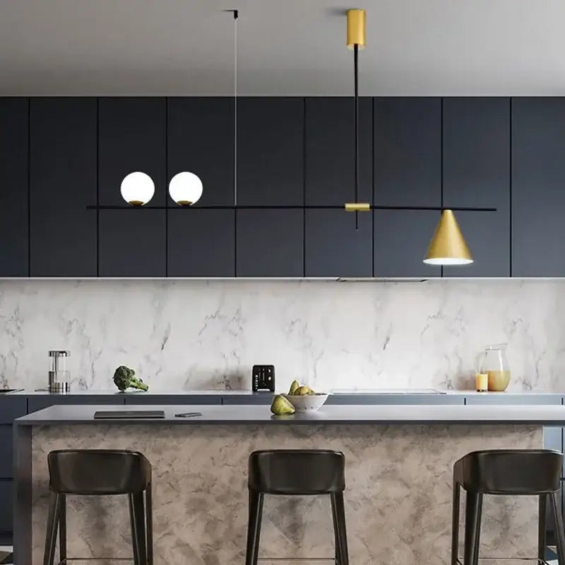Modern minimalist brass and glass chandelier pendant light dining room
