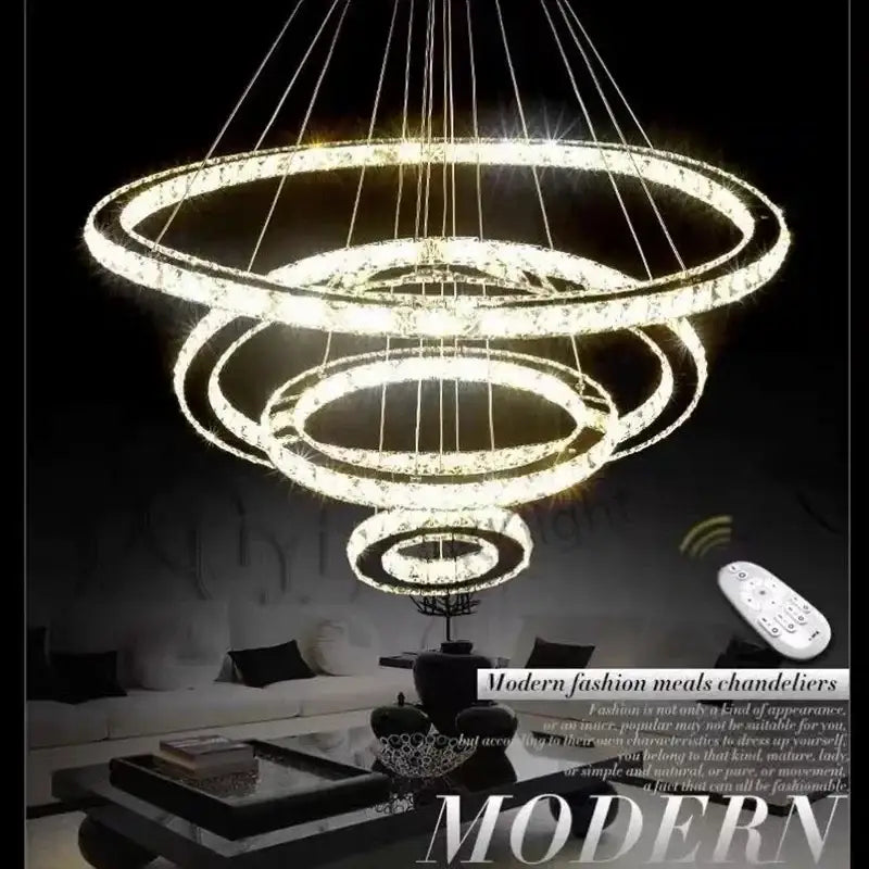 Modern multi tiered chrome crystal rings led chandelier living room