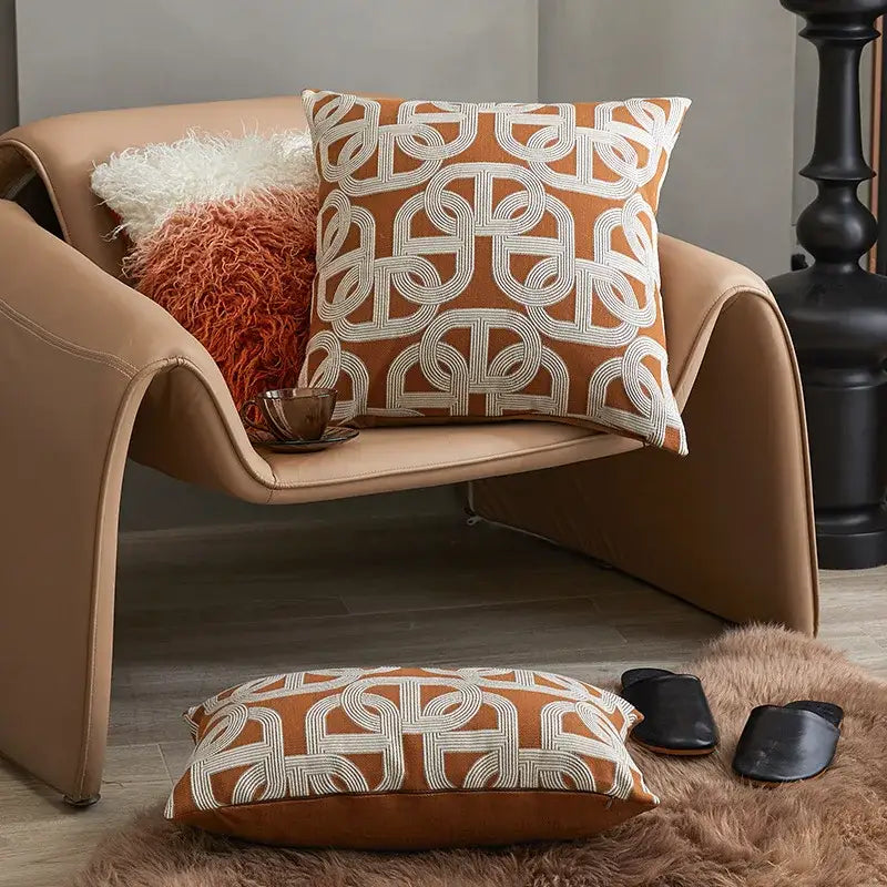Modern orange & white jacquard crochet pillow covers living room