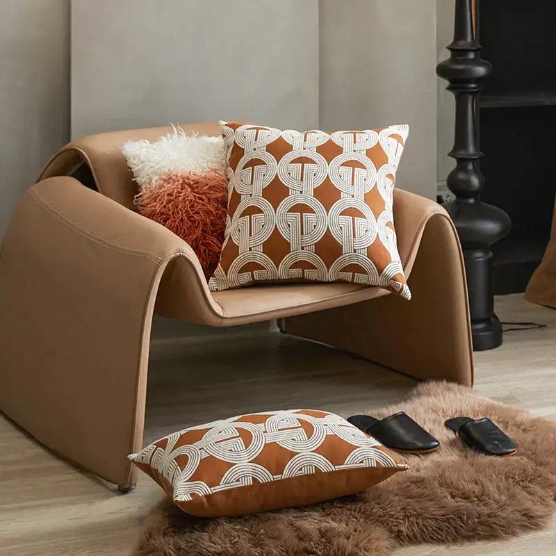 Modern orange & white jacquard crochet pillow covers living room