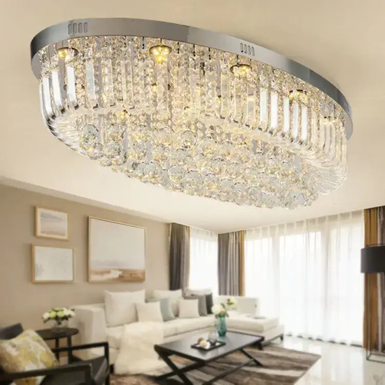 Modern oval chrome & gold crystal ceiling light dining room